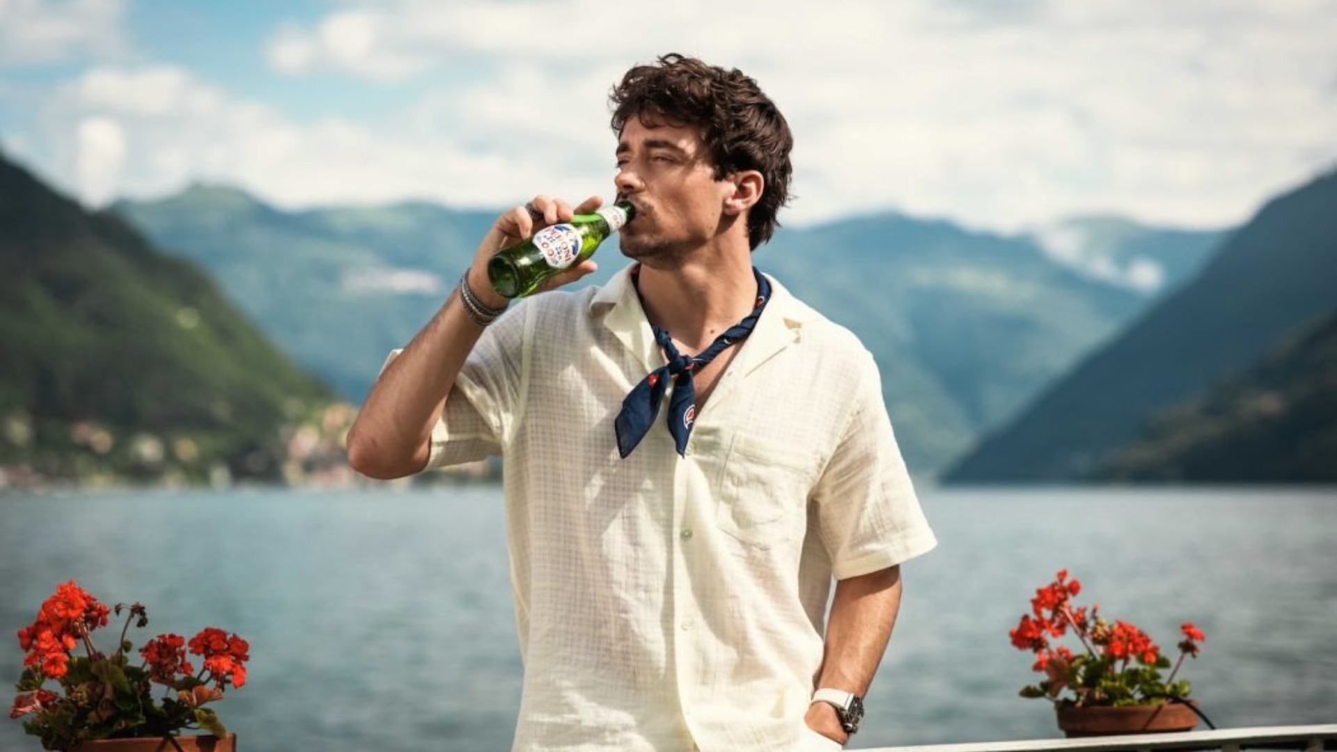 Commercial photo and video project on Lake Como, shot for the beverage company Peroni Nastro Azzurro, featuring celebrity F1 racer Charles Leclerc